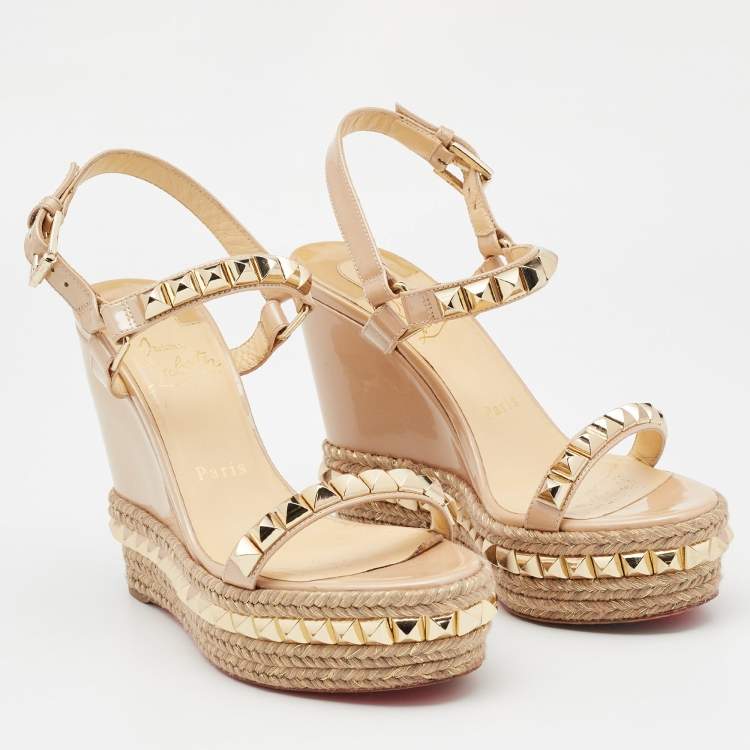 Pre Owned Christian Louboutin Beige Patent Leather Pyraclou Wedge Sandals Size 37