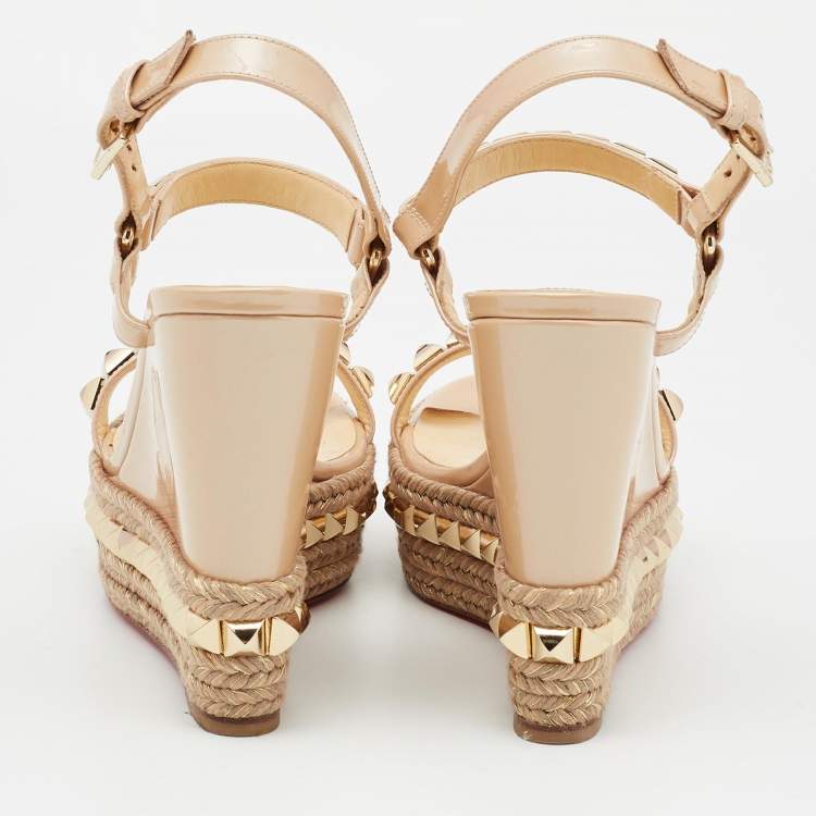 Pre Owned Christian Louboutin Beige Patent Leather Pyraclou Wedge Sandals Size 37