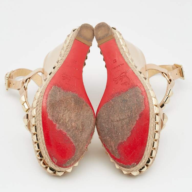 Pre Owned Christian Louboutin Beige Patent Leather Pyraclou Wedge Sandals Size 37