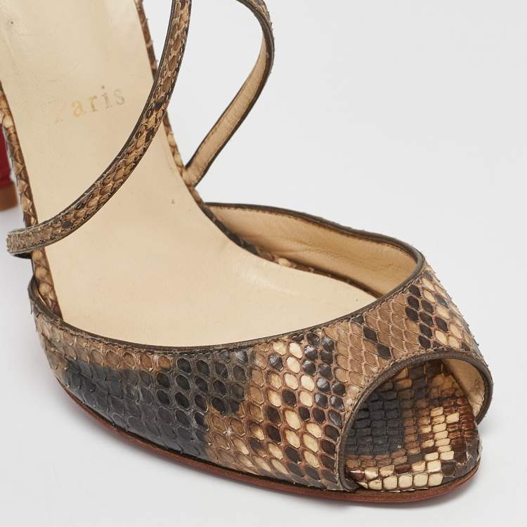 Pre Owned Christian Louboutin Two Tone Python Leather Peep Toe Cross Strap Sandals Size 39