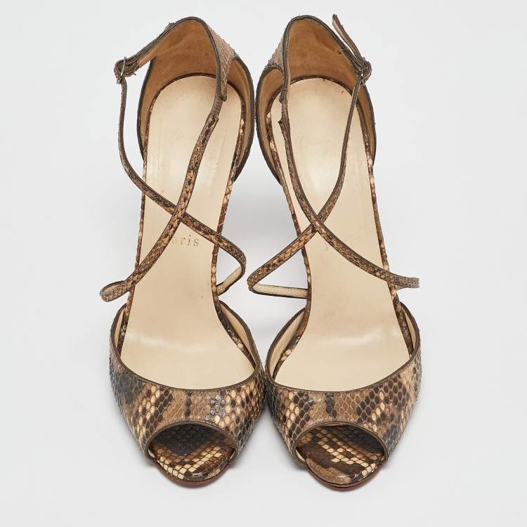 Pre Owned Christian Louboutin Two Tone Python Leather Peep Toe Cross Strap Sandals Size 39