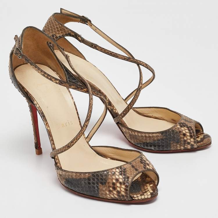 Pre Owned Christian Louboutin Two Tone Python Leather Peep Toe Cross Strap Sandals Size 39
