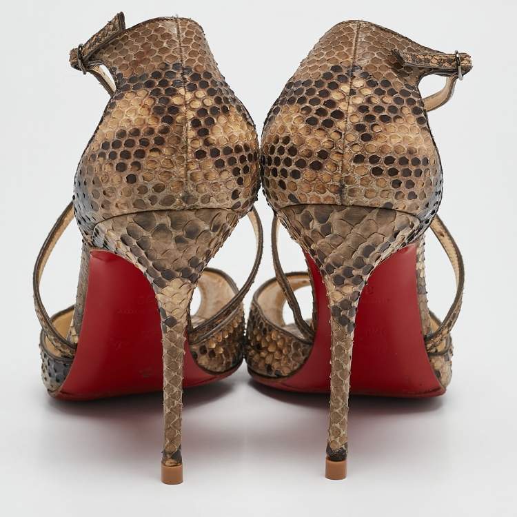 Pre Owned Christian Louboutin Two Tone Python Leather Peep Toe Cross Strap Sandals Size 39