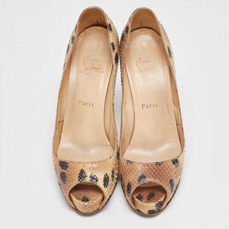 Pre Owned Christian Louboutin Beige/Black Snakeskin Leather Prive Platform Pumps Size 38.5
