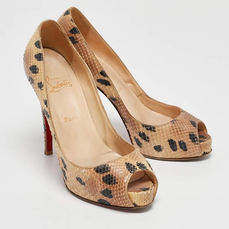 Pre Owned Christian Louboutin Beige/Black Snakeskin Leather Prive Platform Pumps Size 38.5