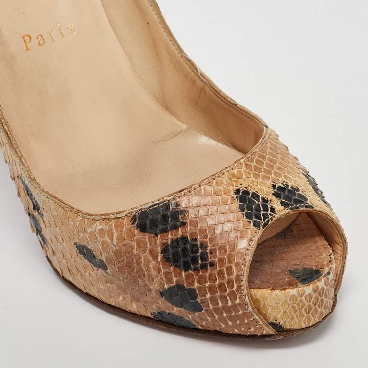 Pre Owned Christian Louboutin Beige/Black Snakeskin Leather Prive Platform Pumps Size 38.5