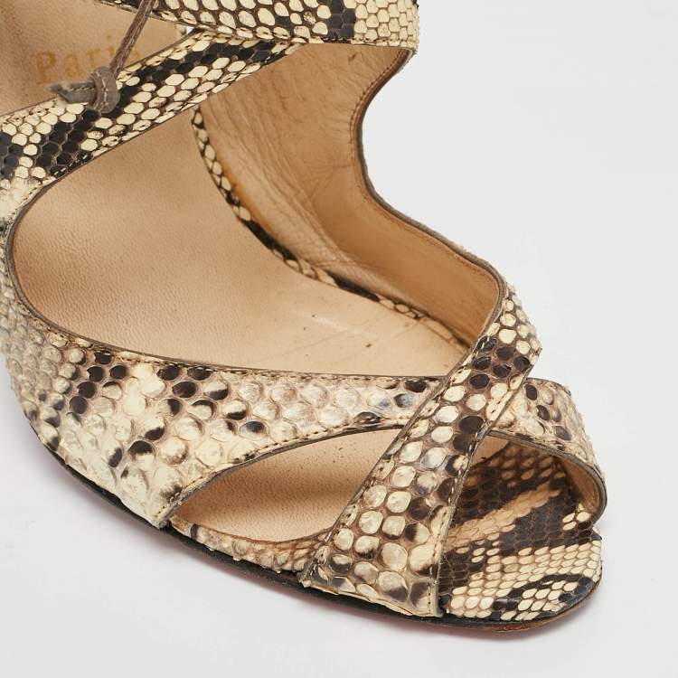 Pre Owned Christian Louboutin Brown/Beige Python Leather Ankle Strap Sandals Size 38.5