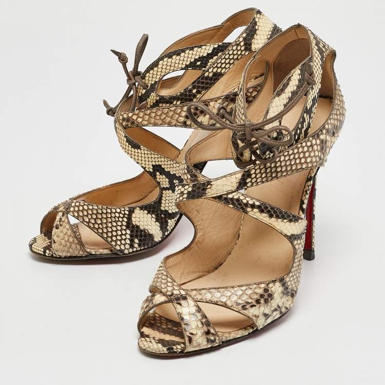 Pre Owned Christian Louboutin Brown/Beige Python Leather Ankle Strap Sandals Size 38.5