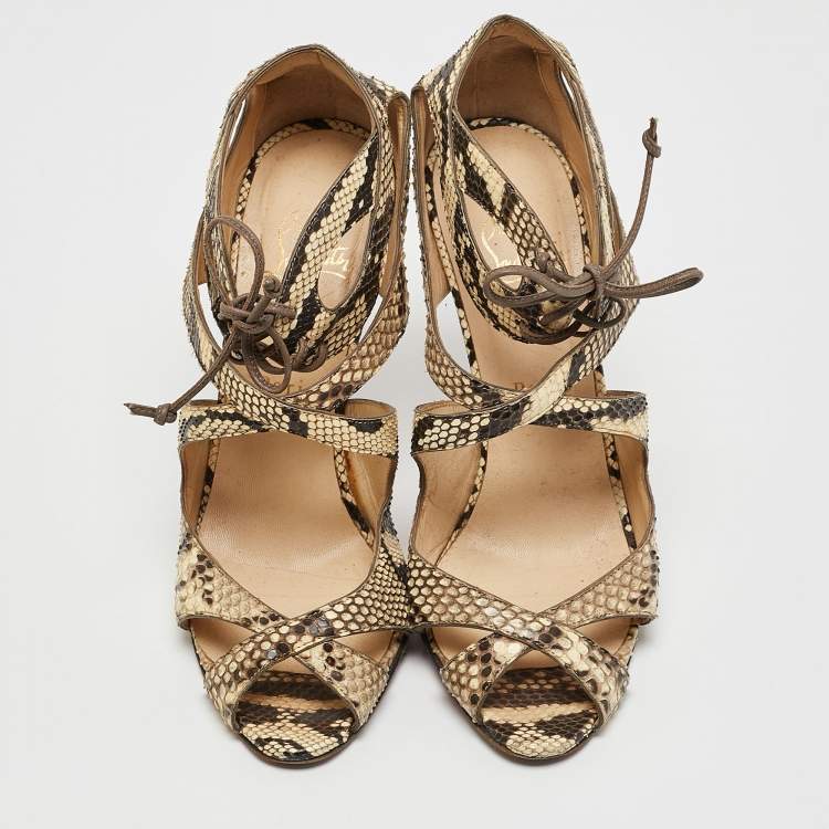Pre Owned Christian Louboutin Brown/Beige Python Leather Ankle Strap Sandals Size 38.5