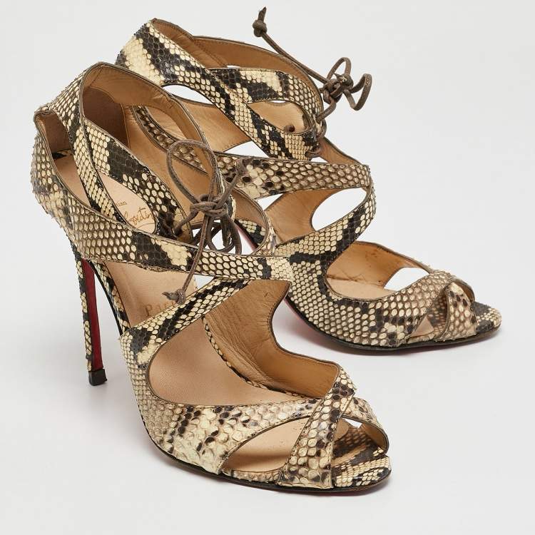 Pre Owned Christian Louboutin Brown/Beige Python Leather Ankle Strap Sandals Size 38.5