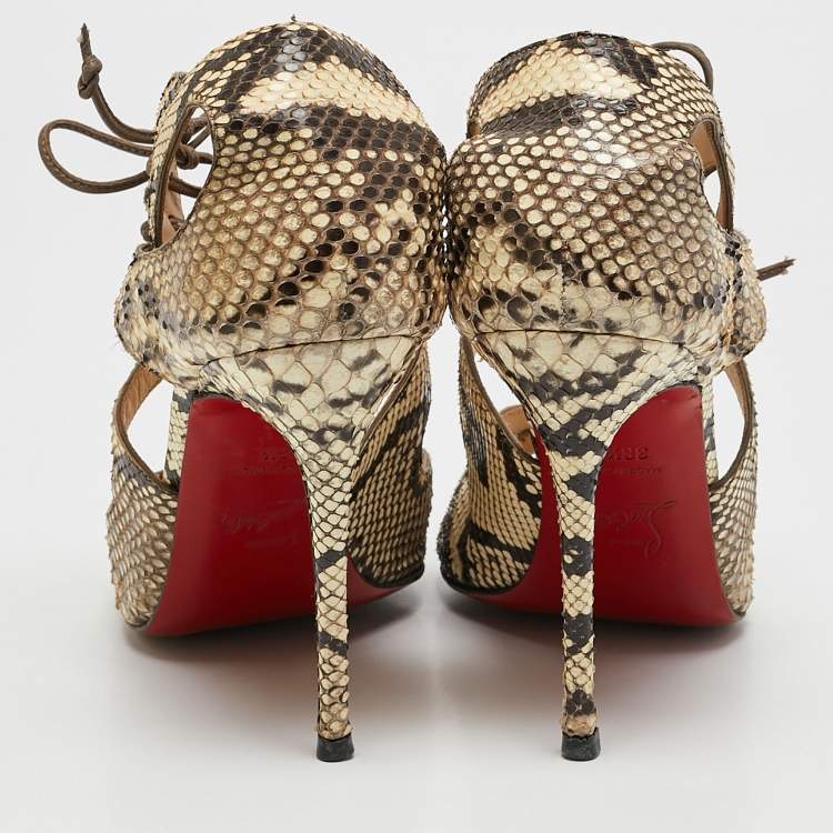 Pre Owned Christian Louboutin Brown/Beige Python Leather Ankle Strap Sandals Size 38.5