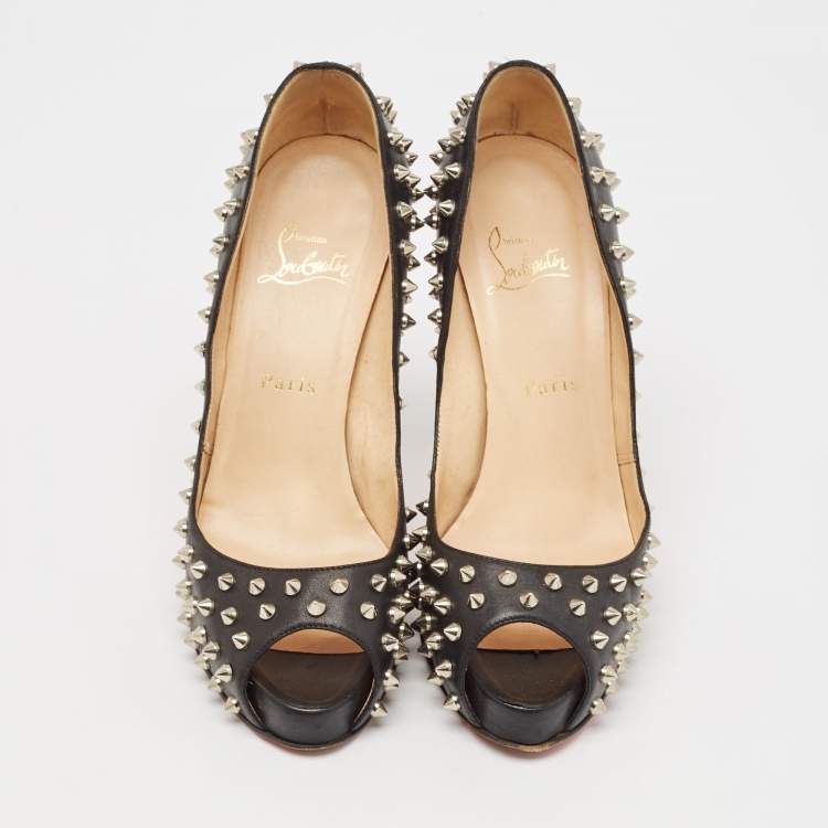 Pre Owned Christian Louboutin Black Leather Very Prive Spikes Pumps Size 38
