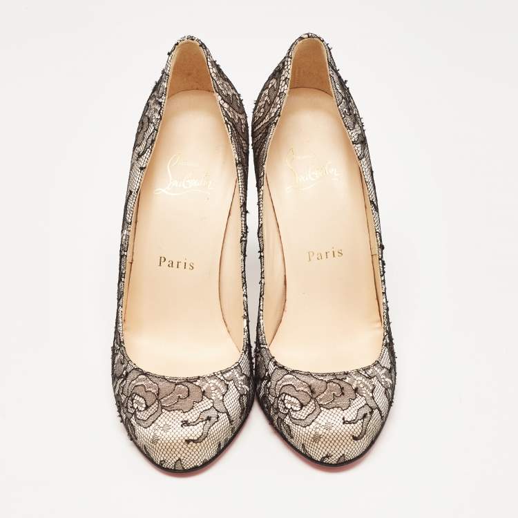 Pre Owned Christian Louboutin Black/Pink Lace and Satin Fifi Pumps Size 37