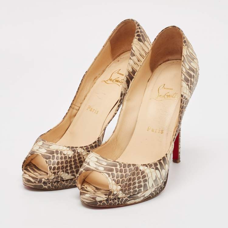 Pre Owned Christian Louboutin Beige Python Leather Lady Peep Peep Toe Pumps Size 38