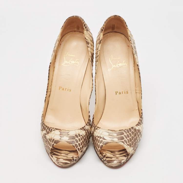 Pre Owned Christian Louboutin Beige Python Leather Lady Peep Peep Toe Pumps Size 38
