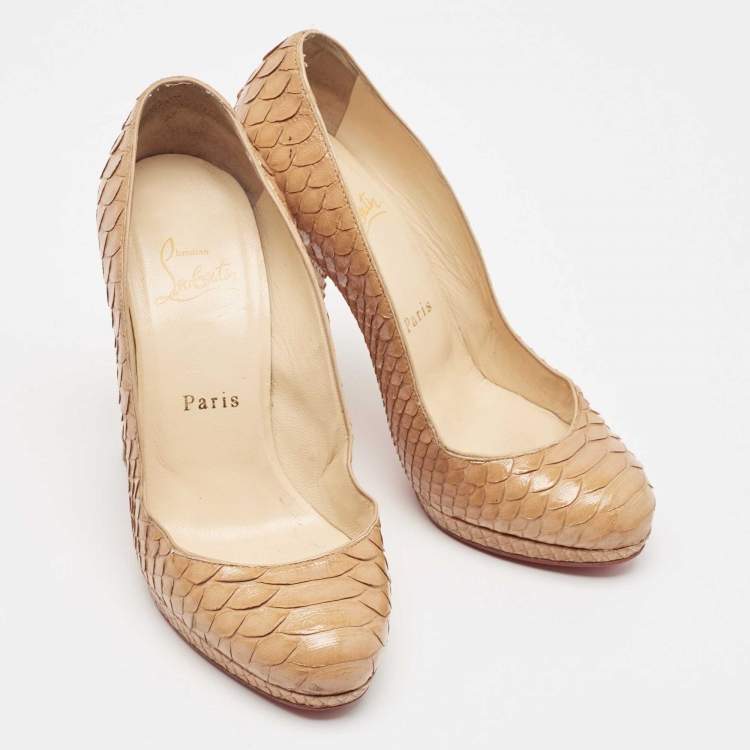 Pre Owned Christian Louboutin Beige Python Leather Block Heel Pumps Size 36.5