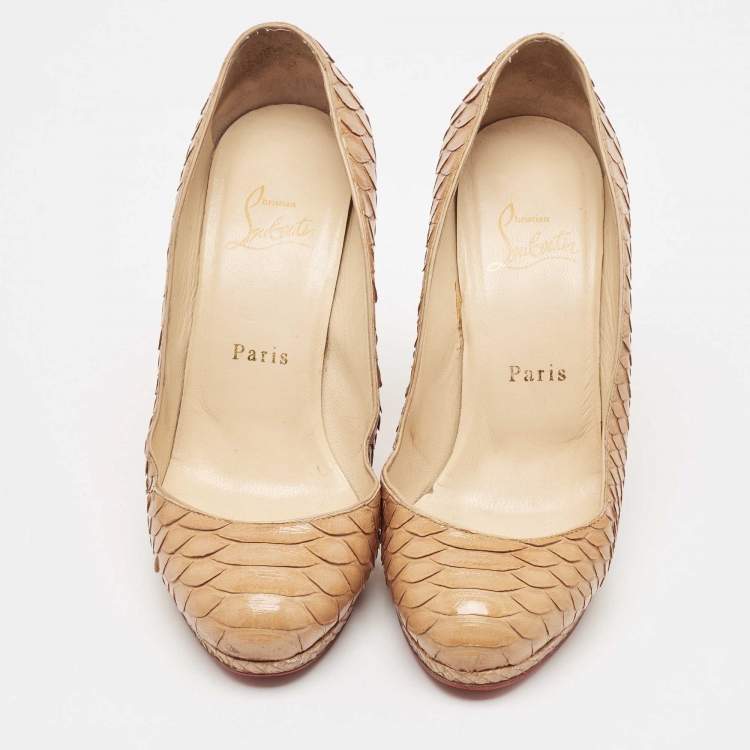 Pre Owned Christian Louboutin Beige Python Leather Block Heel Pumps Size 36.5