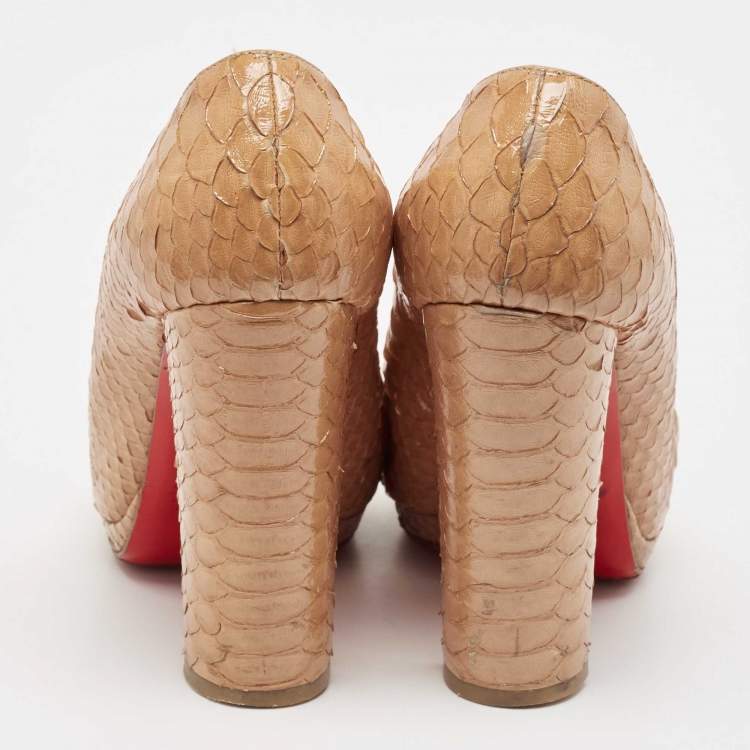Pre Owned Christian Louboutin Beige Python Leather Block Heel Pumps Size 36.5