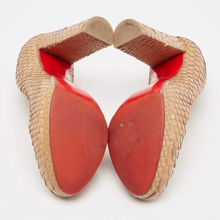 Pre Owned Christian Louboutin Beige Python Leather Block Heel Pumps Size 36.5