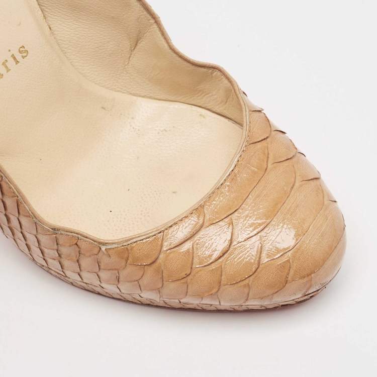 Pre Owned Christian Louboutin Beige Python Leather Block Heel Pumps Size 36.5