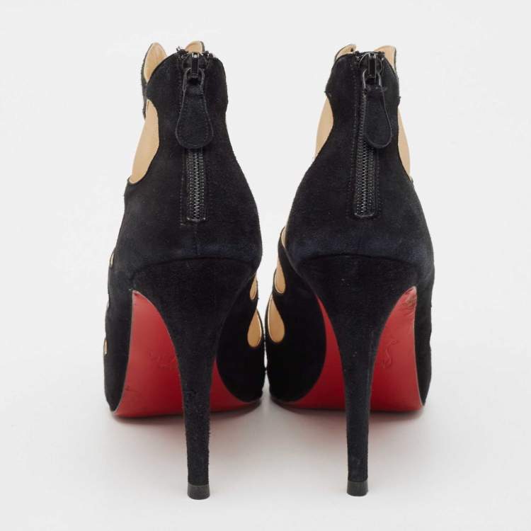 Pre Owned Christian Louboutin Black/Beige Suede And Mesh Circus Cutout Ankle Boots Size 38.5