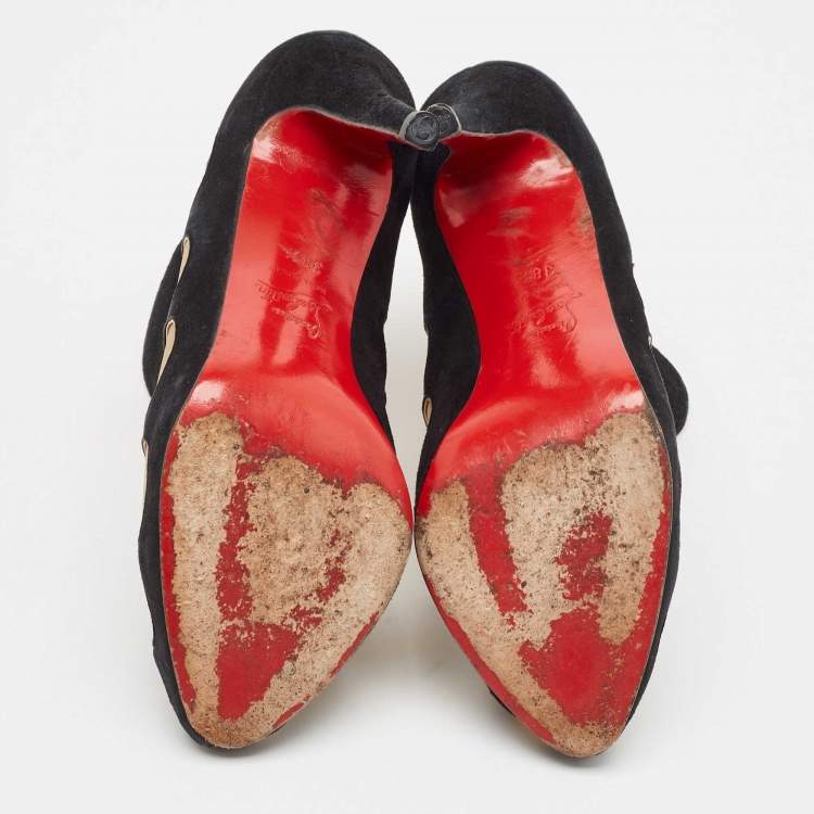Pre Owned Christian Louboutin Black/Beige Suede And Mesh Circus Cutout Ankle Boots Size 38.5
