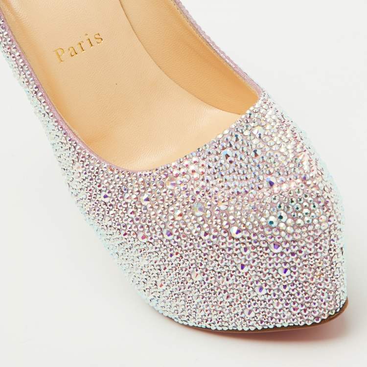 Pre Owned Christian Louboutin Silver/Pink Suede Crystal Embellished Daffodile Platform Pumps Size 37