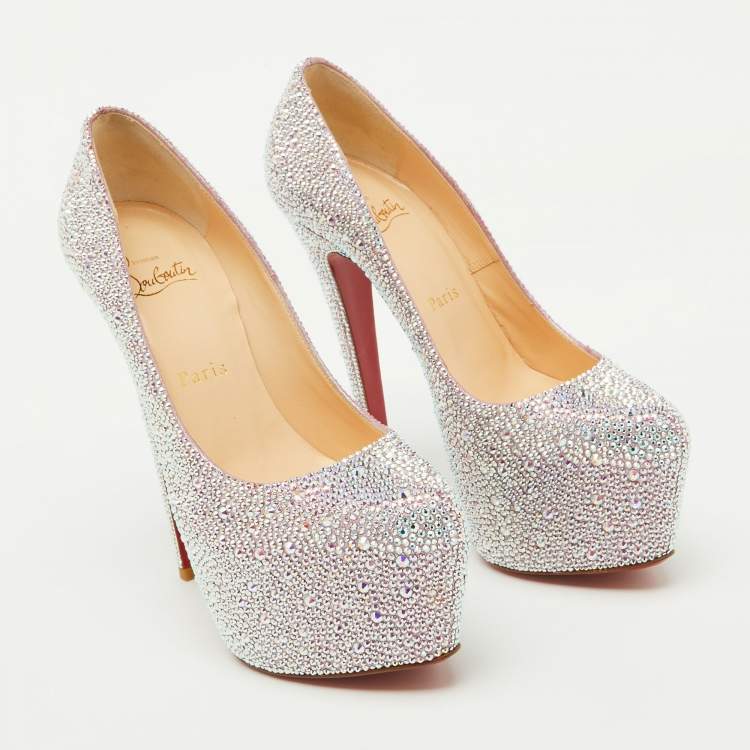 Pre Owned Christian Louboutin Silver/Pink Suede Crystal Embellished Daffodile Platform Pumps Size 37