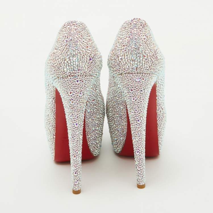 Pre Owned Christian Louboutin Silver/Pink Suede Crystal Embellished Daffodile Platform Pumps Size 37