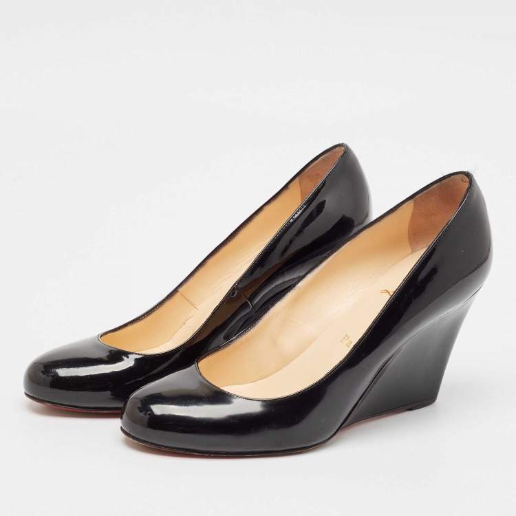 Pre Owned Christian Louboutin Black Patent Leather Ron Ron Wedge Pumps Size 38.5