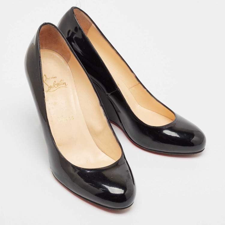 Pre Owned Christian Louboutin Black Patent Leather Ron Ron Wedge Pumps Size 38.5