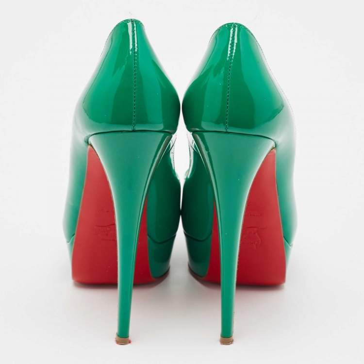 Pre Owned Christian Louboutin Green Patent Leather Lady Peep Pumps Size 38