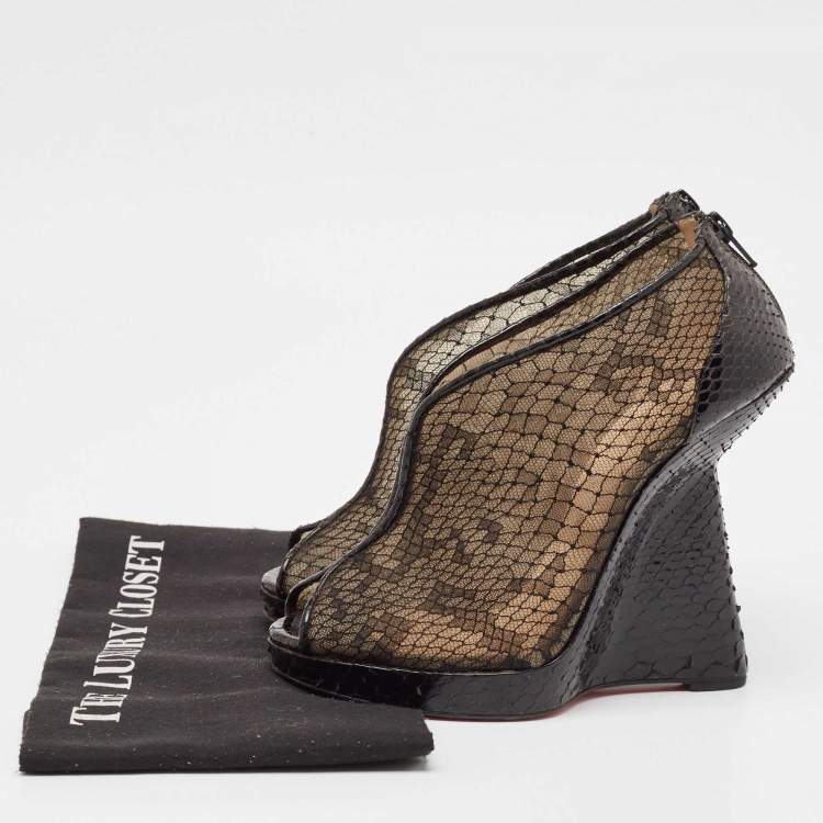 Pre Owned Christian Louboutin Black Mesh And Python Leather Janet Wedge Booties Size 39