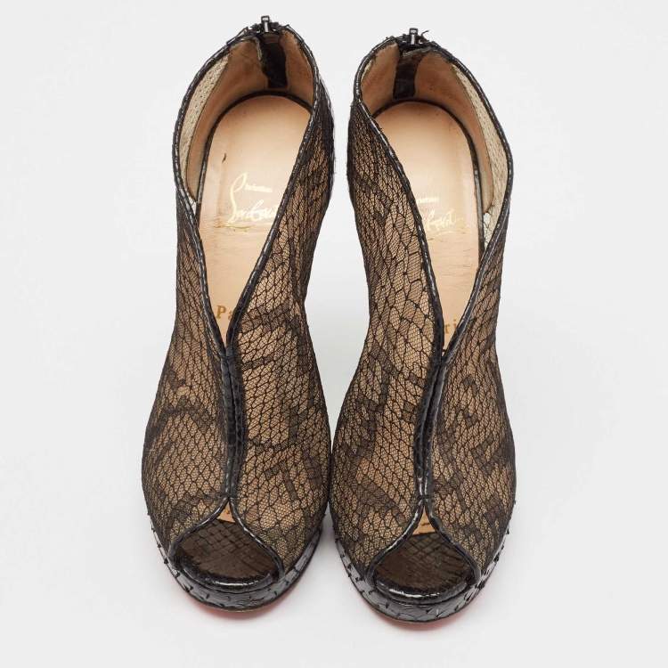 Pre Owned Christian Louboutin Black Mesh And Python Leather Janet Wedge Booties Size 39
