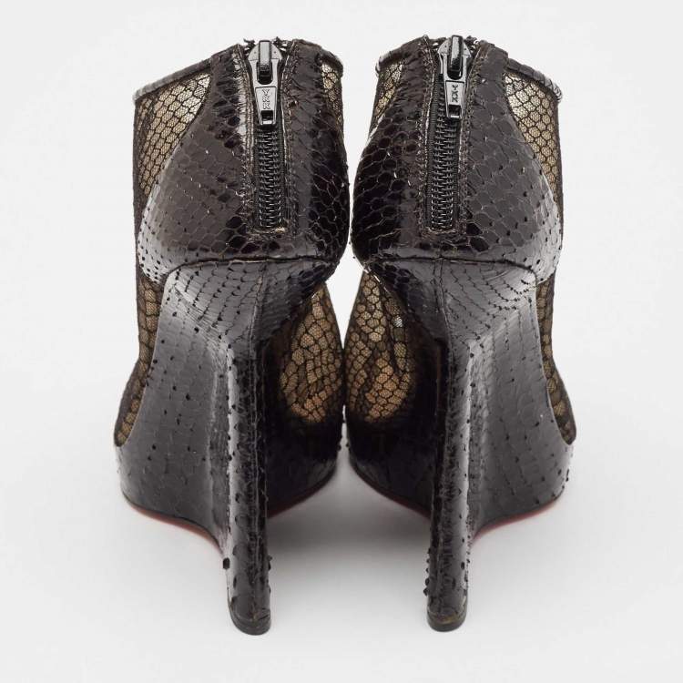 Pre Owned Christian Louboutin Black Mesh And Python Leather Janet Wedge Booties Size 39