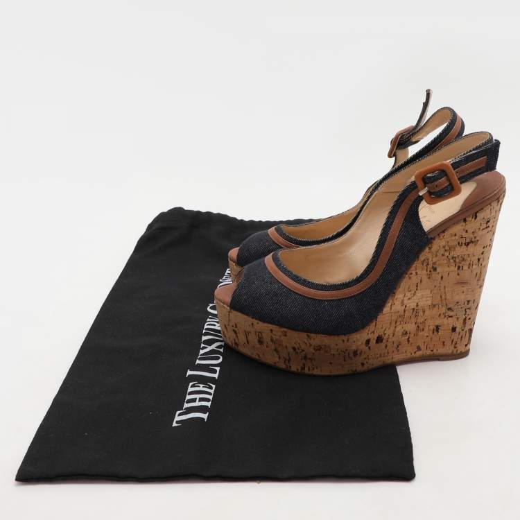 Pre Owned Christian Louboutin Dark Blue Fabric and Leather Une Plume Sandals Size 36