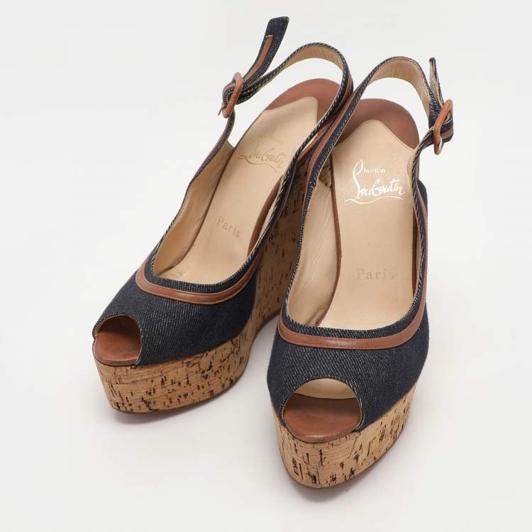 Pre Owned Christian Louboutin Dark Blue Fabric and Leather Une Plume Sandals Size 36