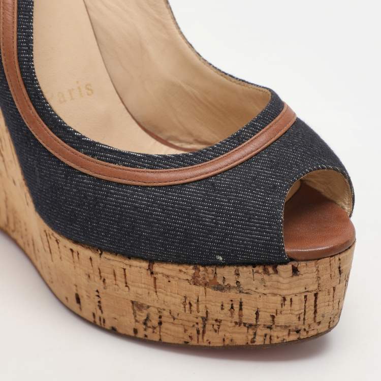 Pre Owned Christian Louboutin Dark Blue Fabric and Leather Une Plume Sandals Size 36