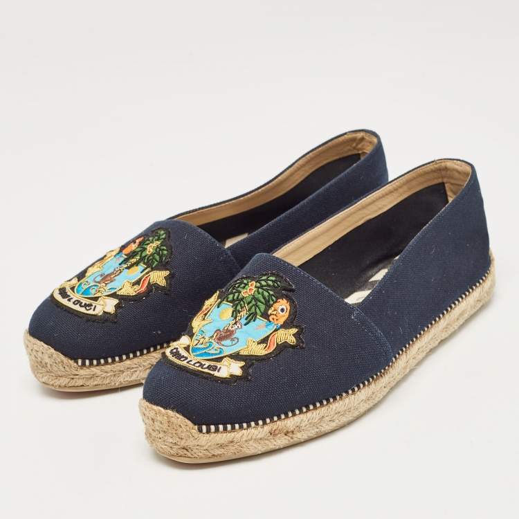 Pre Owned Christian Louboutin Navy Blue Canvas Lougalia Espadrille Flats Size 37