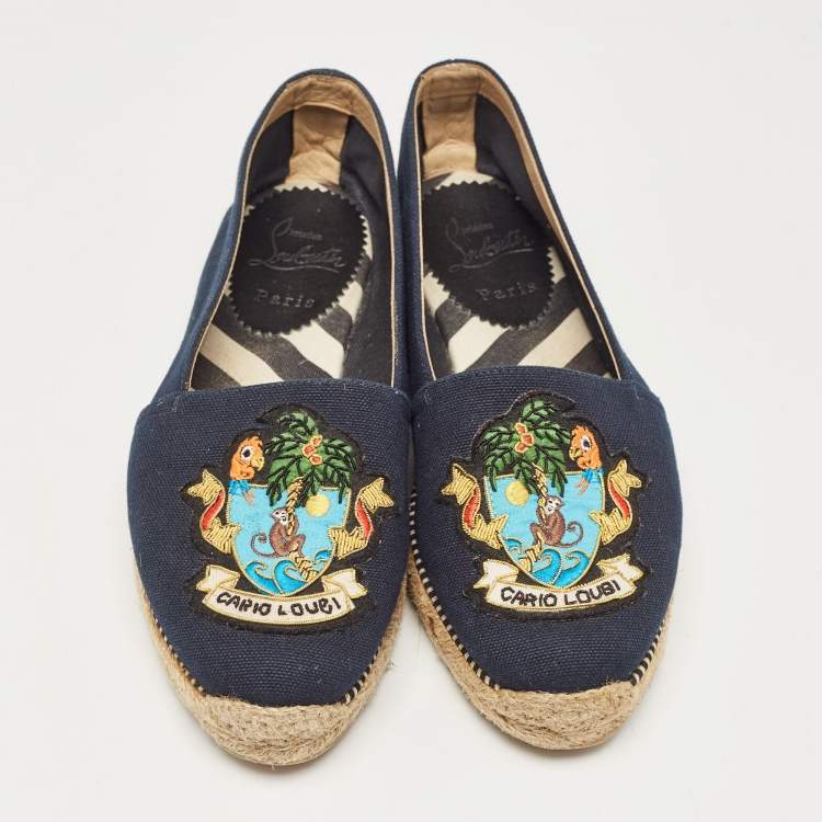 Pre Owned Christian Louboutin Navy Blue Canvas Lougalia Espadrille Flats Size 37