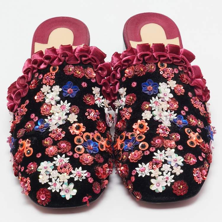 Pre Owned Christian Louboutin Multicolor Velvet Flower Embellished Mules Size 38.5