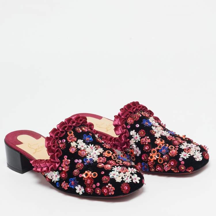 Pre Owned Christian Louboutin Multicolor Velvet Flower Embellished Mules Size 38.5