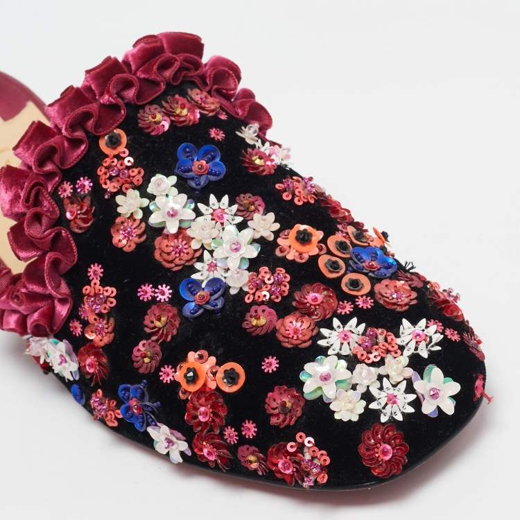 Pre Owned Christian Louboutin Multicolor Velvet Flower Embellished Mules Size 38.5