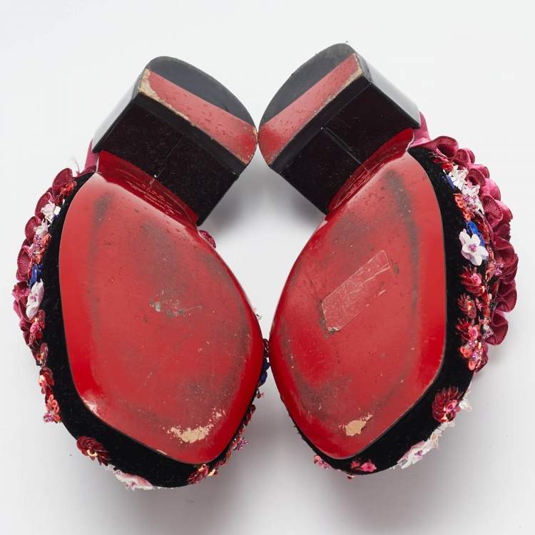 Pre Owned Christian Louboutin Multicolor Velvet Flower Embellished Mules Size 38.5