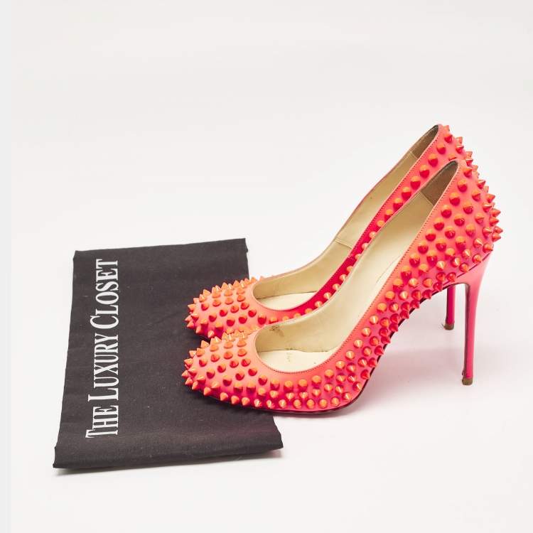 Pre Owned Christian Louboutin Pink Patent Leather Fifi Spikes Pumps Size 38.5