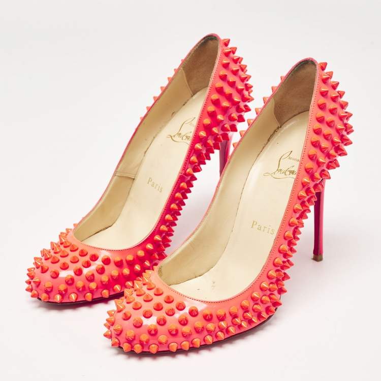 Pre Owned Christian Louboutin Pink Patent Leather Fifi Spikes Pumps Size 38.5