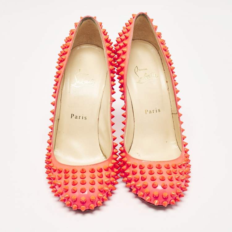 Pre Owned Christian Louboutin Pink Patent Leather Fifi Spikes Pumps Size 38.5