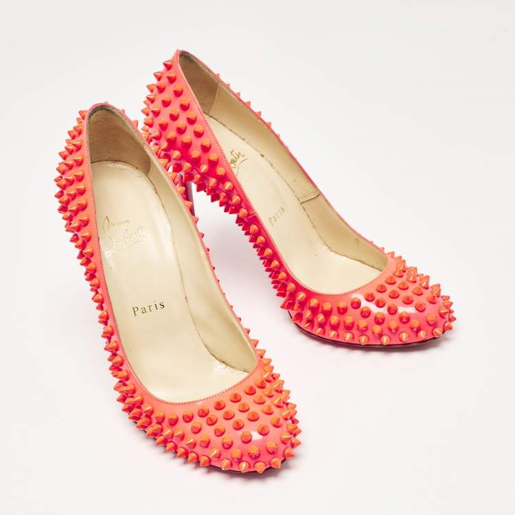 Pre Owned Christian Louboutin Pink Patent Leather Fifi Spikes Pumps Size 38.5