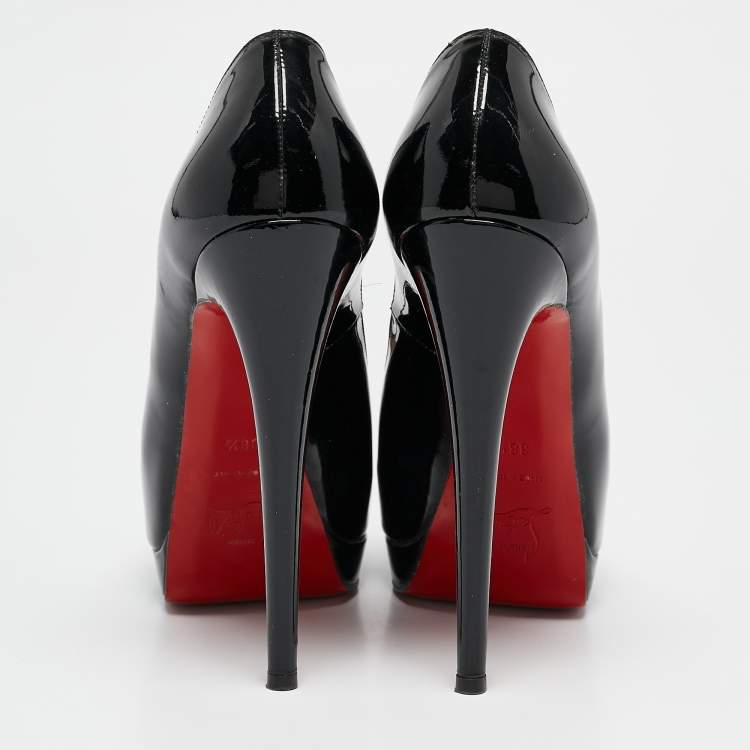 Pre Owned Christian Louboutin Black Patent Leather Lady Peep Toe Platform Pumps Size 38.5