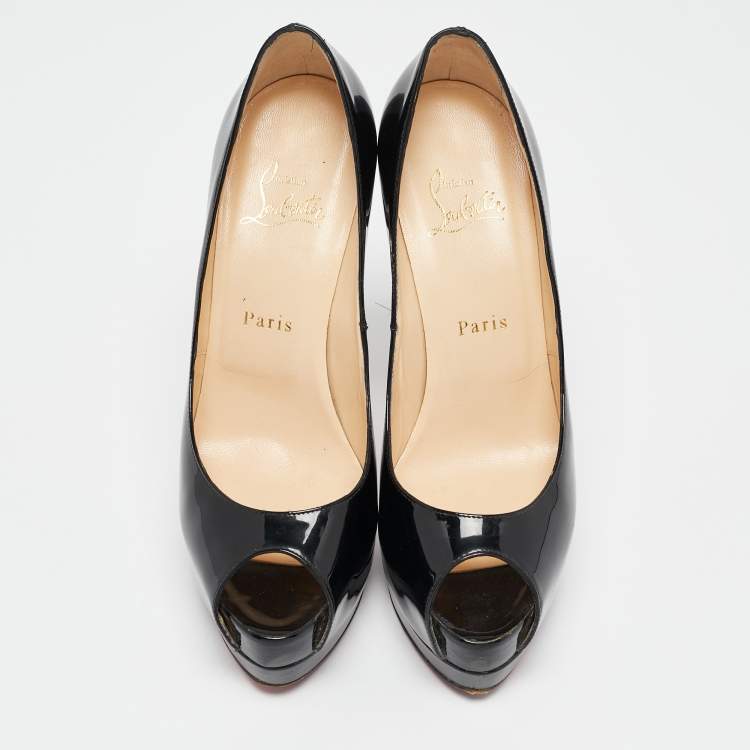 Pre Owned Christian Louboutin Black Patent Leather Lady Peep Toe Platform Pumps Size 38.5